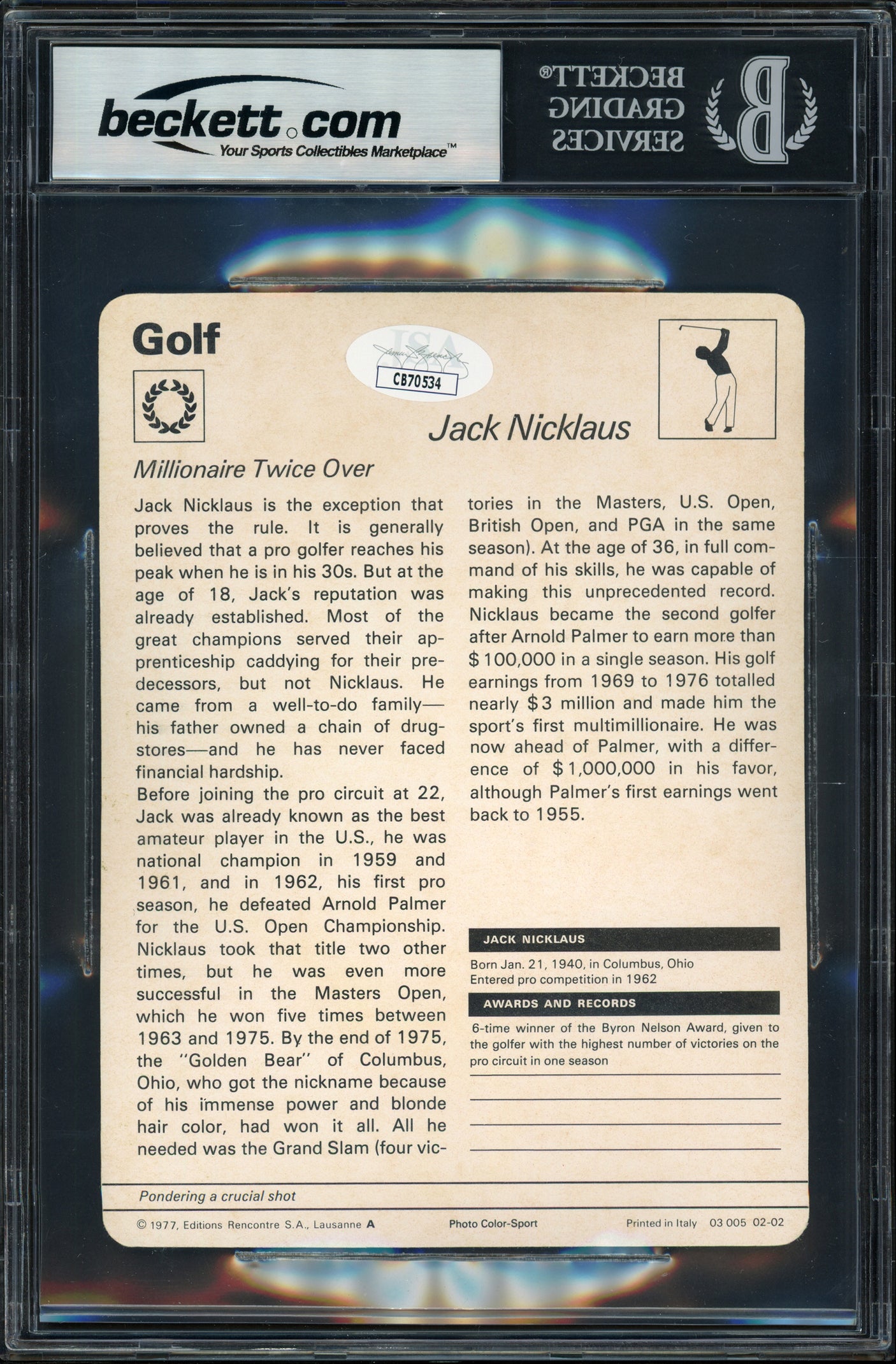 Jack Nicklaus Autographed 1977 Sportscaster Card #202 Beckett BAS #18281729