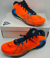 Giannis Antetokounmpo Autographed 2019 Player Exclusive (PE) Promo TTL ORANGE/MID NAVY-PHT BLUE Nike Zoom Freak 1 Shoes Milwaukee Bucks Size 17 (With Box) Beckett BAS Witness #3W396742 & #3W396743