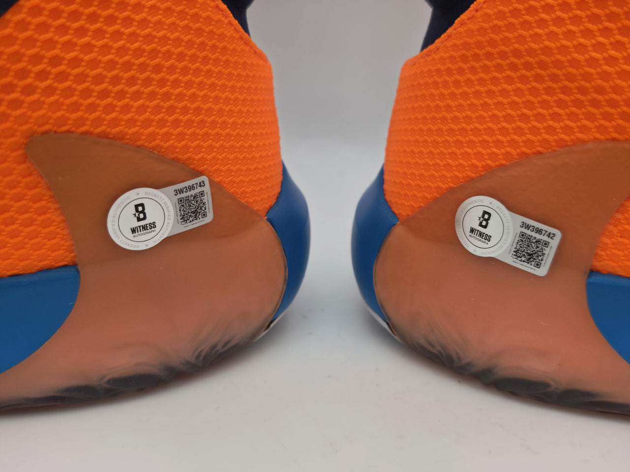 Giannis Antetokounmpo Autographed 2019 Player Exclusive (PE) Promo TTL ORANGE/MID NAVY-PHT BLUE Nike Zoom Freak 1 Shoes Milwaukee Bucks Size 17 (With Box) Beckett BAS Witness #3W396742 & #3W396743