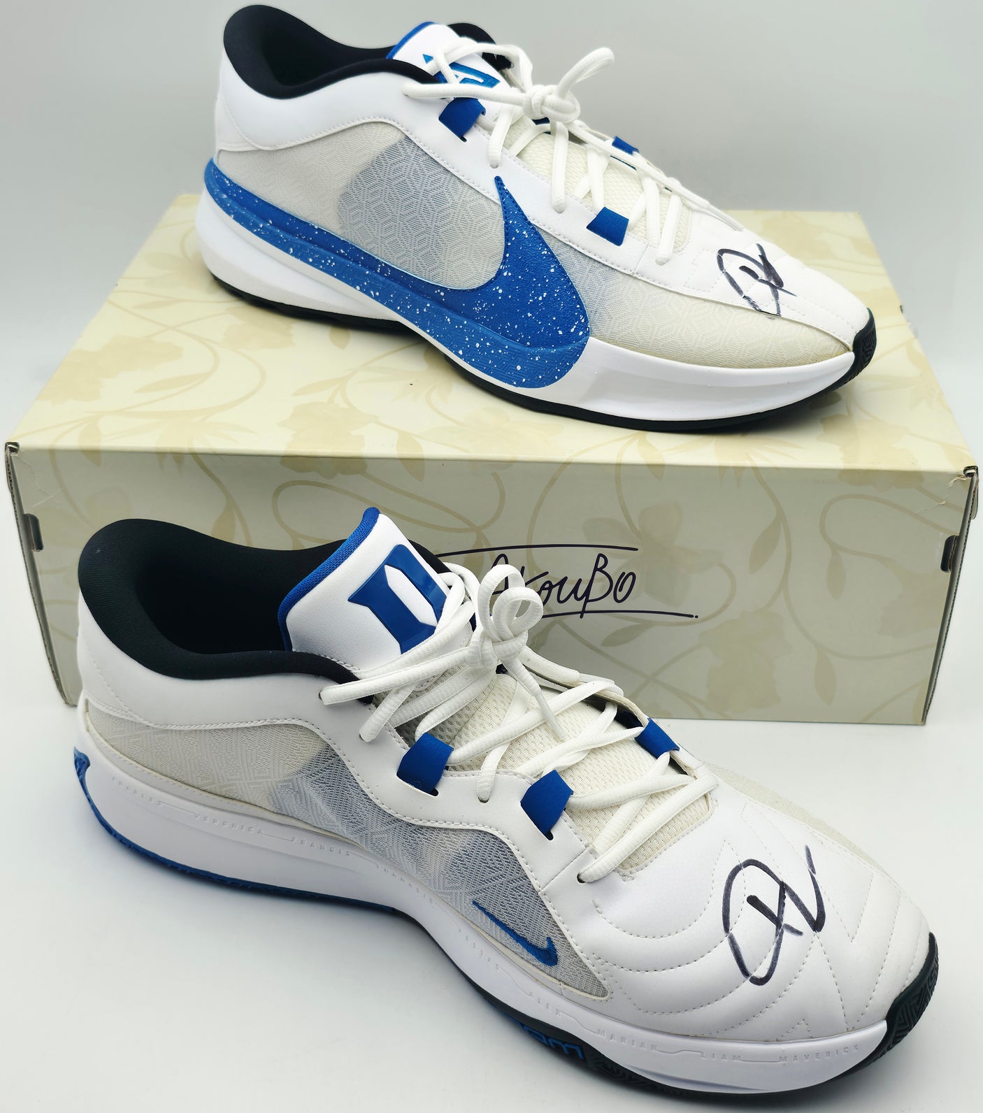 Giannis Antetokounmpo Autographed 2023 Player Exclusive (PE) Promo Duke Blue Devils WHT/GAME ROYAL/WH Nike Zoom Freak 5 NCAA 1 Shoes Size 17 (With Box) Beckett BAS Witness #3W396654 & #3W396655