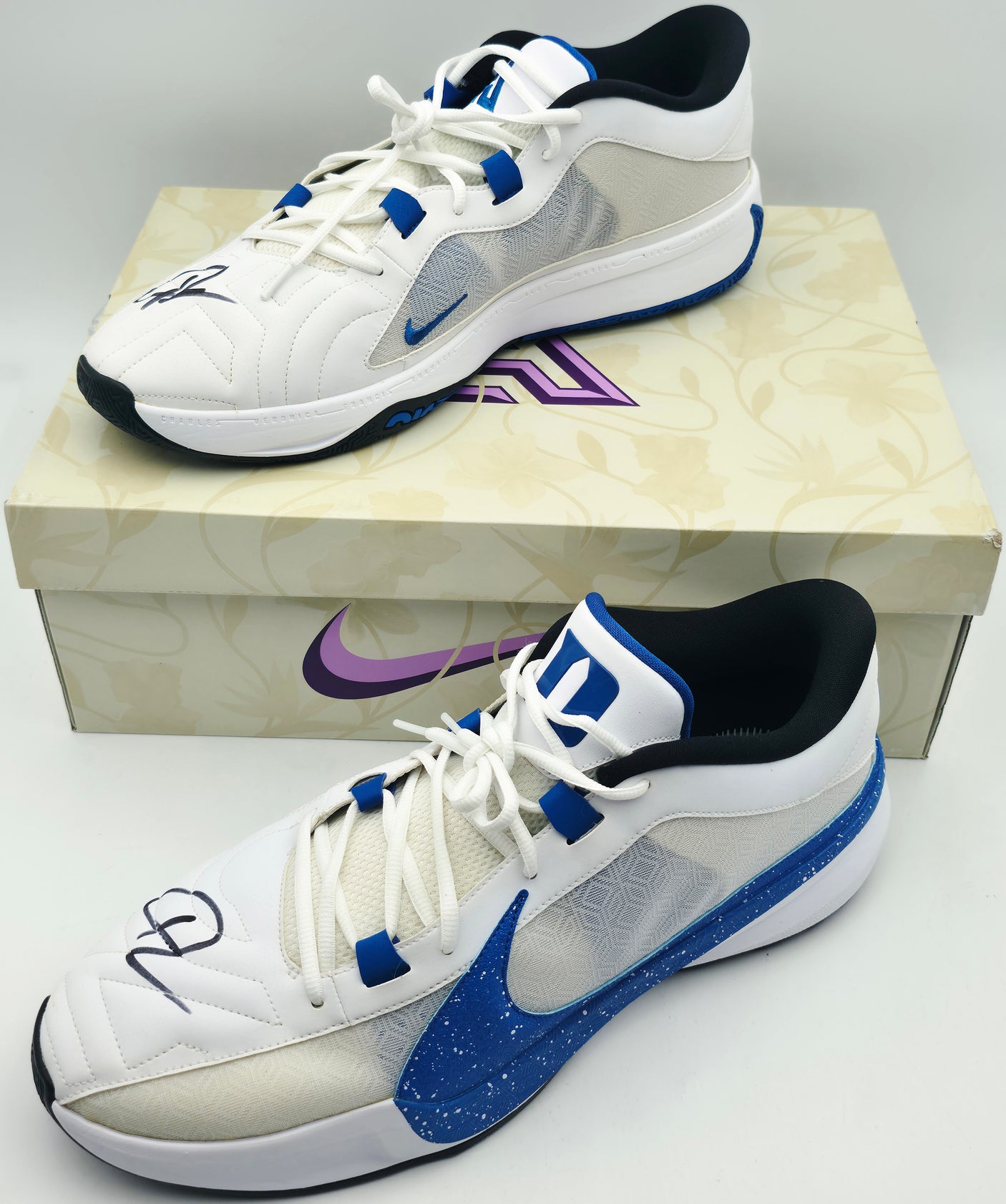 Giannis Antetokounmpo Autographed 2023 Player Exclusive (PE) Promo Duke Blue Devils WHT/GAME ROYAL/WH Nike Zoom Freak 5 NCAA 1 Shoes Size 17 (With Box) Beckett BAS Witness #3W396654 & #3W396655