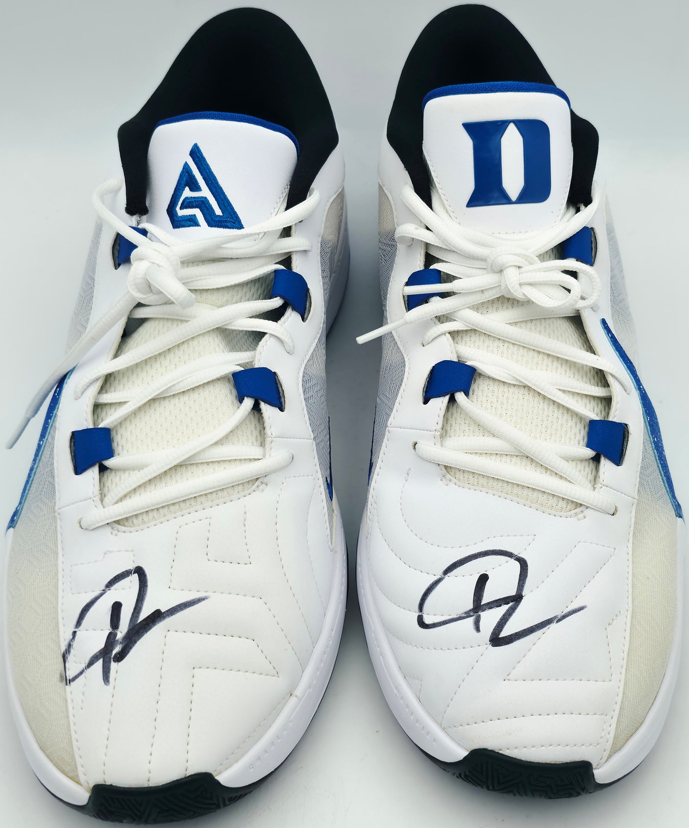 Giannis Antetokounmpo Autographed 2023 Player Exclusive (PE) Promo Duke Blue Devils WHT/GAME ROYAL/WH Nike Zoom Freak 5 NCAA 1 Shoes Size 17 (With Box) Beckett BAS Witness #3W396654 & #3W396655