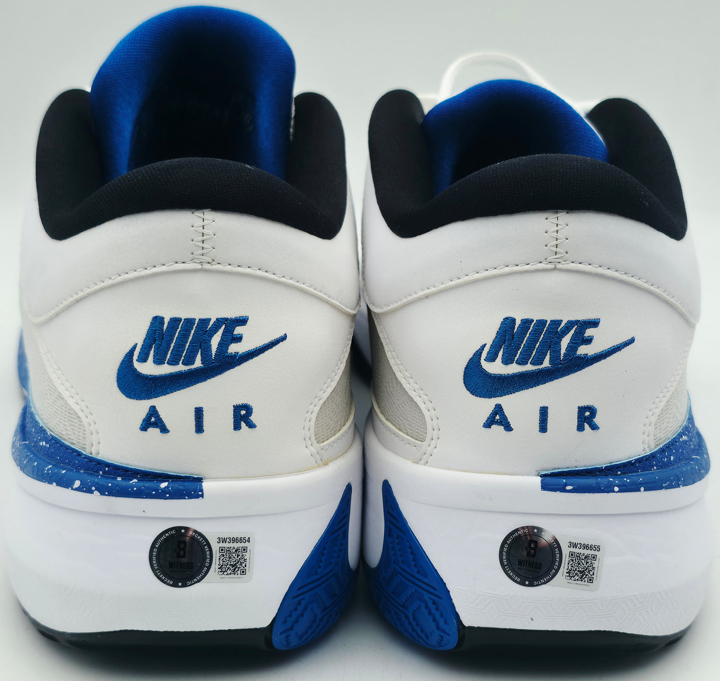 Giannis Antetokounmpo Autographed 2023 Player Exclusive (PE) Promo Duke Blue Devils WHT/GAME ROYAL/WH Nike Zoom Freak 5 NCAA 1 Shoes Size 17 (With Box) Beckett BAS Witness #3W396654 & #3W396655