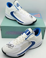 Giannis Antetokounmpo Autographed 2022 Player Exclusive (PE) Promo Duke Blue Devils White & Royal Blue Nike Zoom Freak 4 NCAA Shoes Size 17 Beckett BAS Witness #3W397295 #3W397296