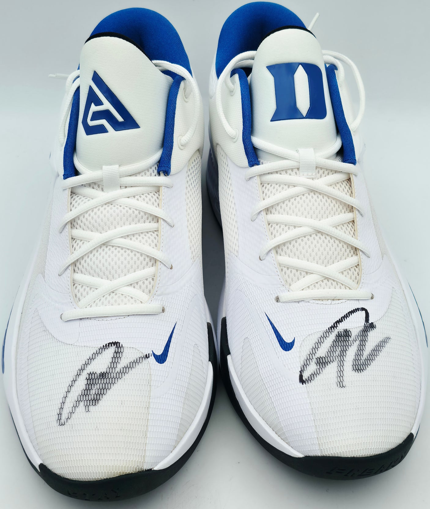 Giannis Antetokounmpo Autographed 2022 Player Exclusive (PE) Promo Duke Blue Devils White & Royal Blue Nike Zoom Freak 4 NCAA Shoes Size 17 Beckett BAS Witness #3W397295 #3W397296