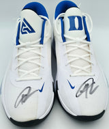 Giannis Antetokounmpo Autographed 2022 Player Exclusive (PE) Promo Duke Blue Devils White & Royal Blue Nike Zoom Freak 4 NCAA Shoes Size 17 Beckett BAS Witness #3W397295 #3W397296