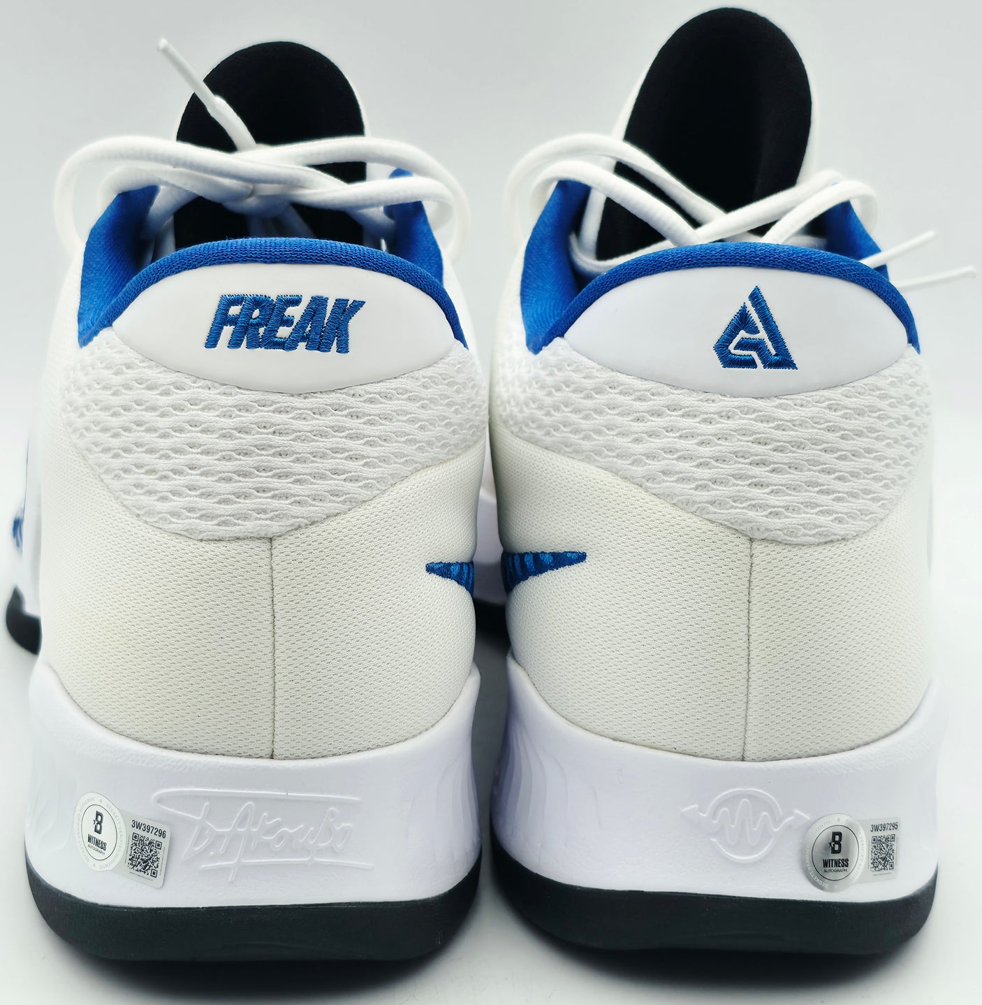 Giannis Antetokounmpo Autographed 2022 Player Exclusive (PE) Promo Duke Blue Devils White & Royal Blue Nike Zoom Freak 4 NCAA Shoes Size 17 Beckett BAS Witness #3W397295 #3W397296