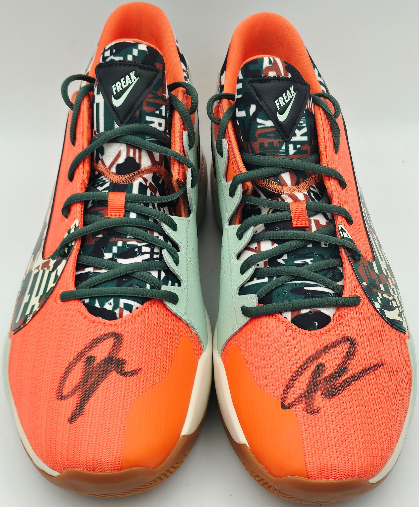 Giannis Antetokounmpo Autographed 2021 Player Exclusive (PE) Promo Camellia & Pist Frst Nike Zoom Freak 2 CAMO Shoes Milwaukee Bucks Size 17 (No Box) Beckett BAS Witness #3W395005 & #3W395006