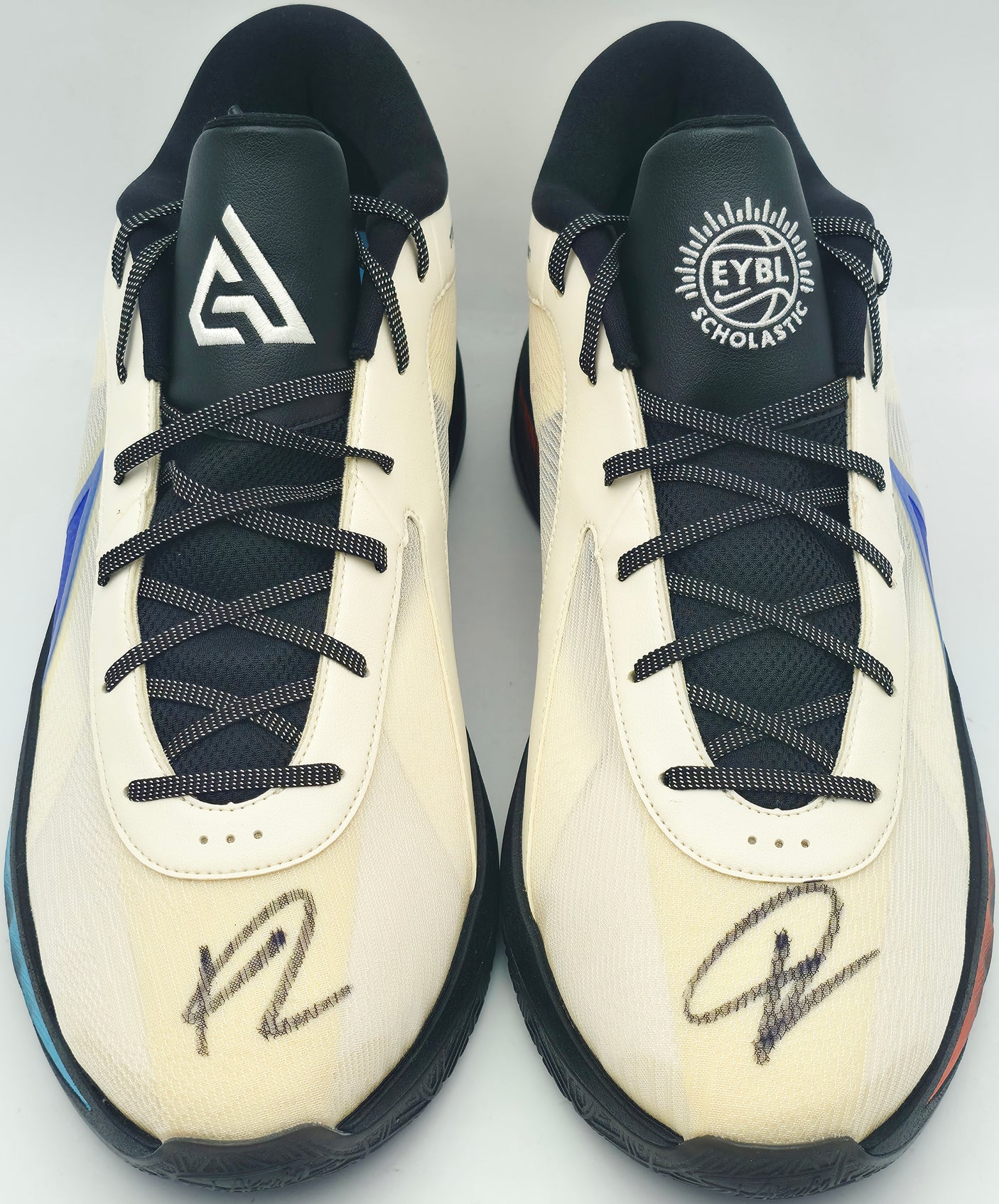 Giannis Antetokounmpo Autographed 2024 Player Exclusive (PE) Promo Pale Ivory & Racer Blue Nike Zoom Freak 6 Indoor/Outdoor Shoes Milwaukee Bucks Size 17 (No Box) Beckett BAS Witness #3W395083 #3W395084