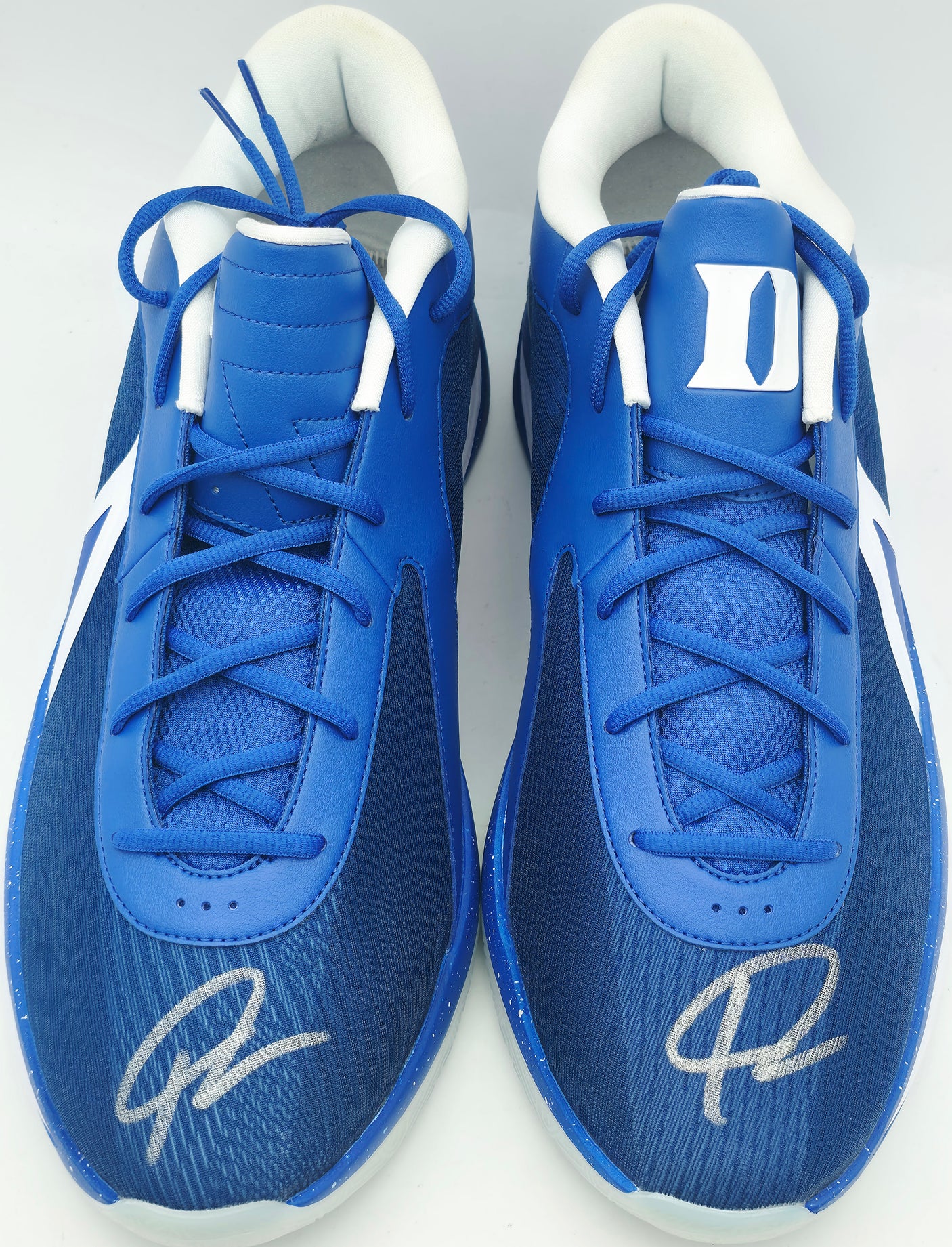 Giannis Antetokounmpo Autographed 2024 Player Exclusive (PE) Promo DUKE BLUE DEVILS GAME RYL/GAME RYL-WHT Nike Zoom Freak 6 NCAA P Shoes Size 17 (No Box) Beckett BAS Witness #3W396472 & #3W396473