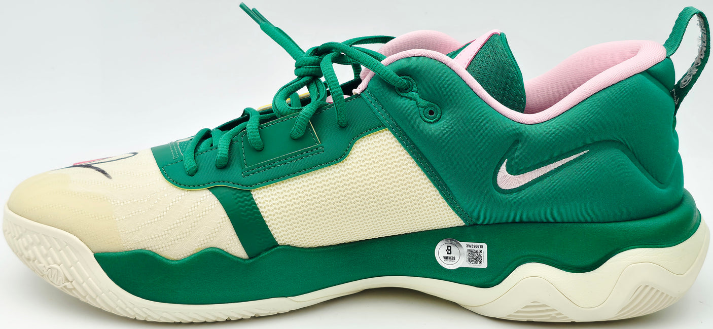 Giannis Antetokounmpo Autographed 2023 Player Exclusive (PE) Promo Multi, Color & Mid Sft Pink Nike Immortality 3 Shoes Milwaukee Bucks Size 17 (No Box) Beckett BAS Witness #3W396614 & #3W396615
