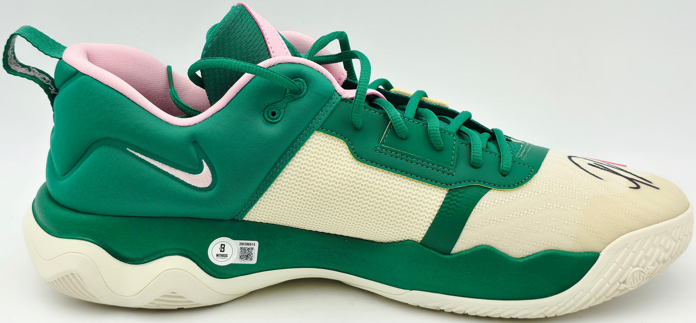 Giannis Antetokounmpo Autographed 2023 Player Exclusive (PE) Promo MLCHT/MLCHT-MD SFT PINK-CCNT ML Nike Immortality 3 Shoes Milwaukee Bucks Size 17 (No Box) Beckett BAS Witness #3W396614 & #3W396615