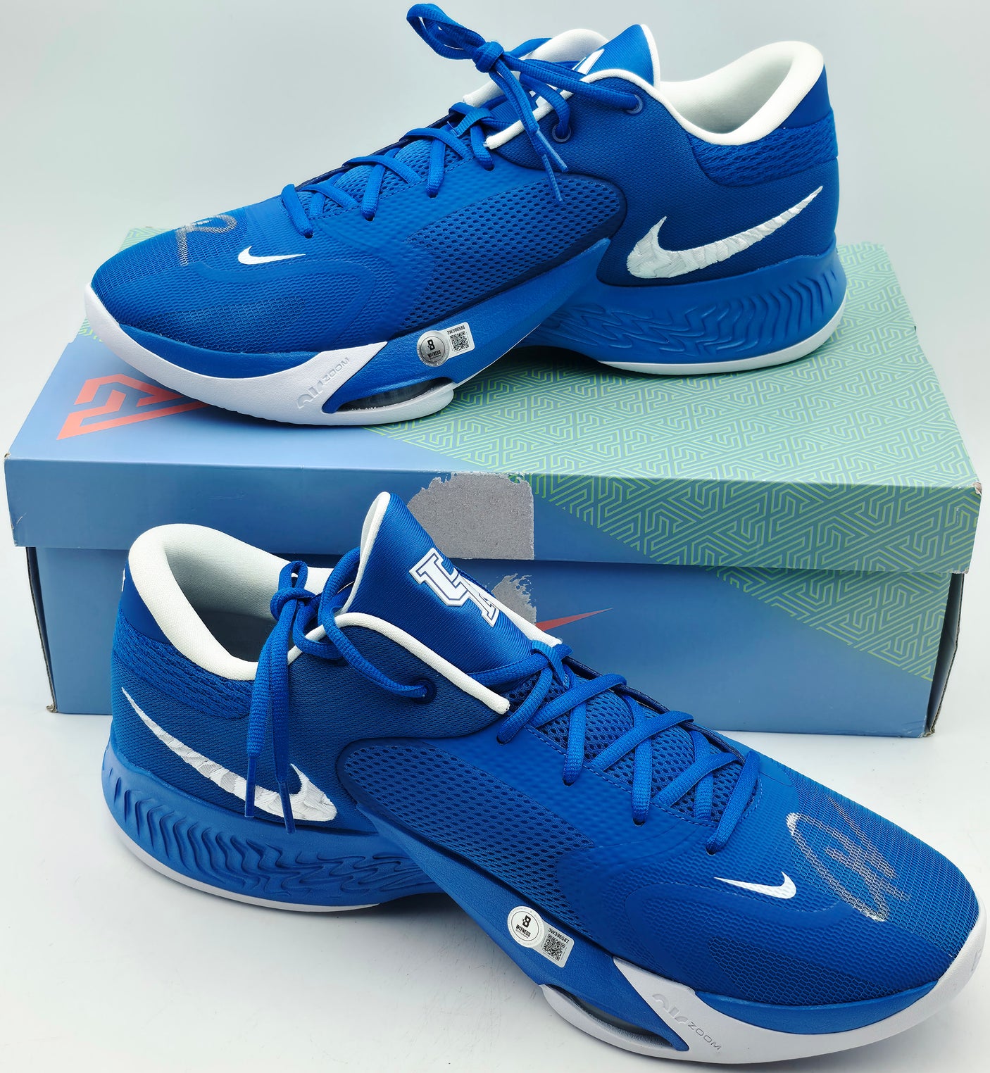 Giannis Antetokounmpo Autographed 2022 Player Exclusive (PE) Promo Royal Blue & White Nike Zoom Freak 4 NCAA Shoes Size 16 Beckett BAS Witness #3W396586 #3W396587