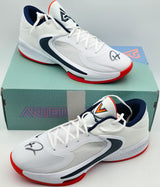 Giannis Antetokounmpo Autographed 2022 Player Exclusive (PE) Promo VIRGINIA WHT/NAVY/WHT Nike Zoom Freak 4 NCAA SOS Shoes Size 16 (With Box) Beckett BAS Witness #3W396660 & #3W396661