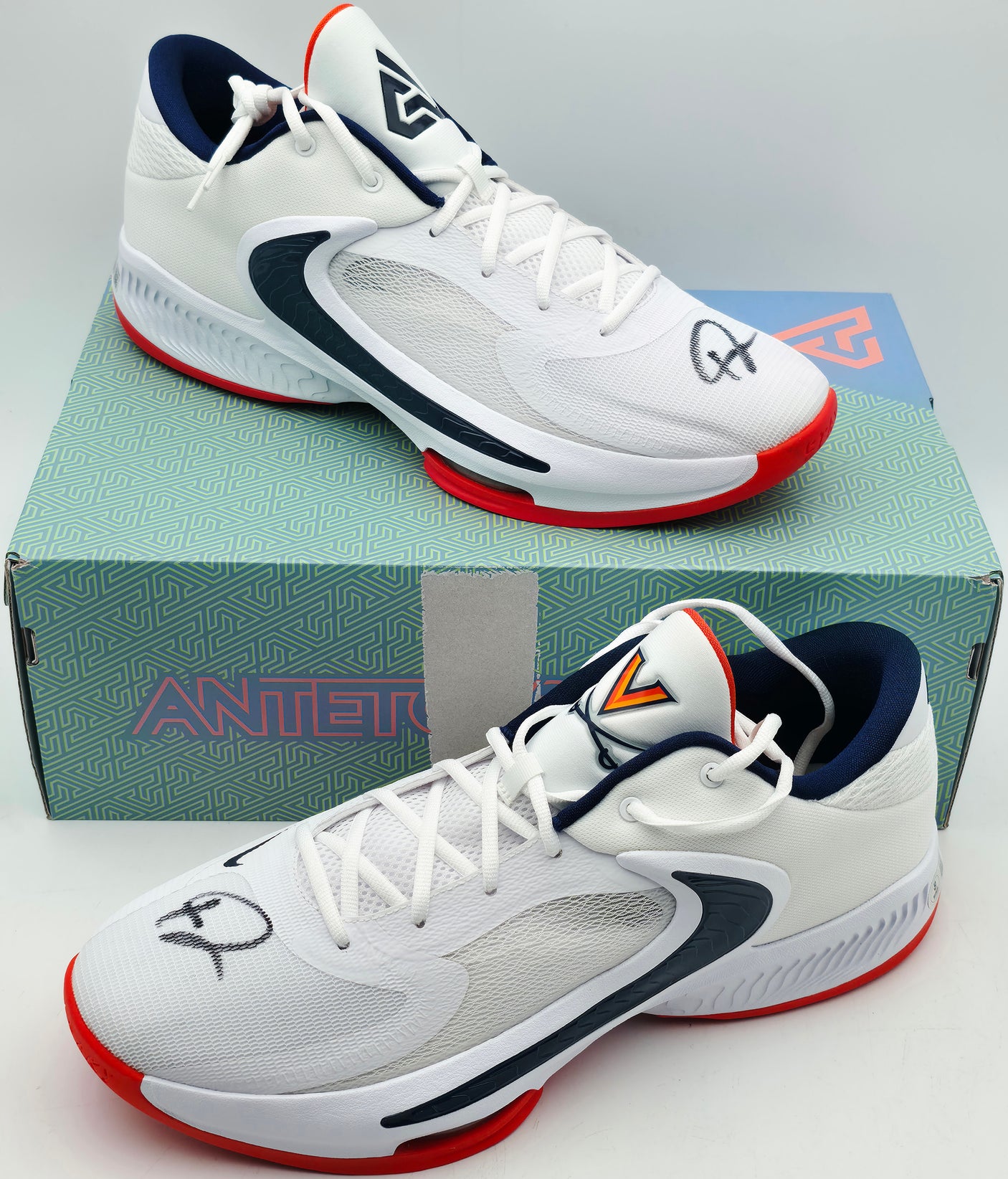 Giannis Antetokounmpo Autographed 2022 Player Exclusive (PE) Promo VIRGINIA WHT/NAVY/WHT Nike Zoom Freak 4 NCAA SOS Shoes Size 16 (With Box) Beckett BAS Witness #3W396660 & #3W396661