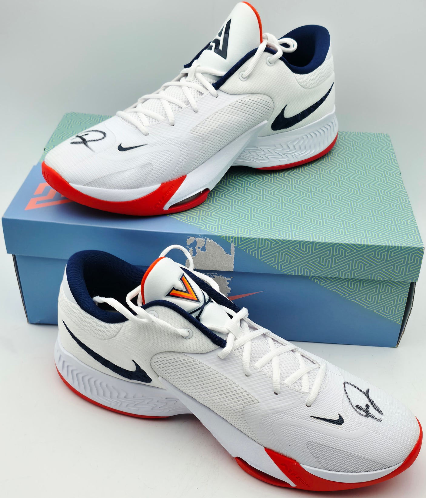 Giannis Antetokounmpo Autographed 2022 Player Exclusive (PE) Promo VIRGINIA WHT/NAVY/WHT Nike Zoom Freak 4 NCAA SOS Shoes Size 16 (With Box) Beckett BAS Witness #3W396660 & #3W396661