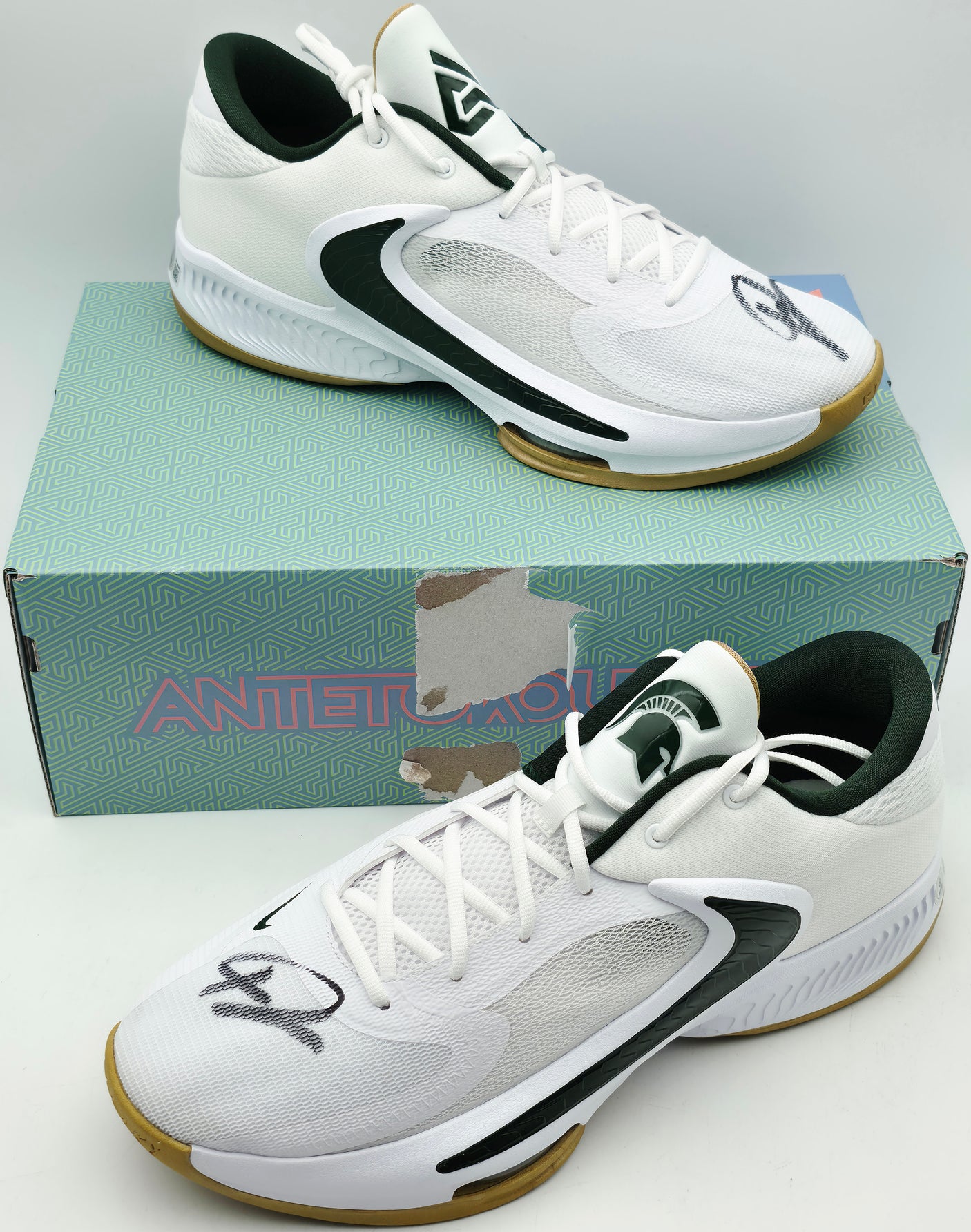 Giannis Antetokounmpo Autographed 2022 Player Exclusive (PE) Promo MICHIGAN STATE White & Pro Green Nike Zoom Freak 4 NCAA SOS Shoes Size 16 (With Box) Beckett BAS Witness #3W396969 & #3W396970