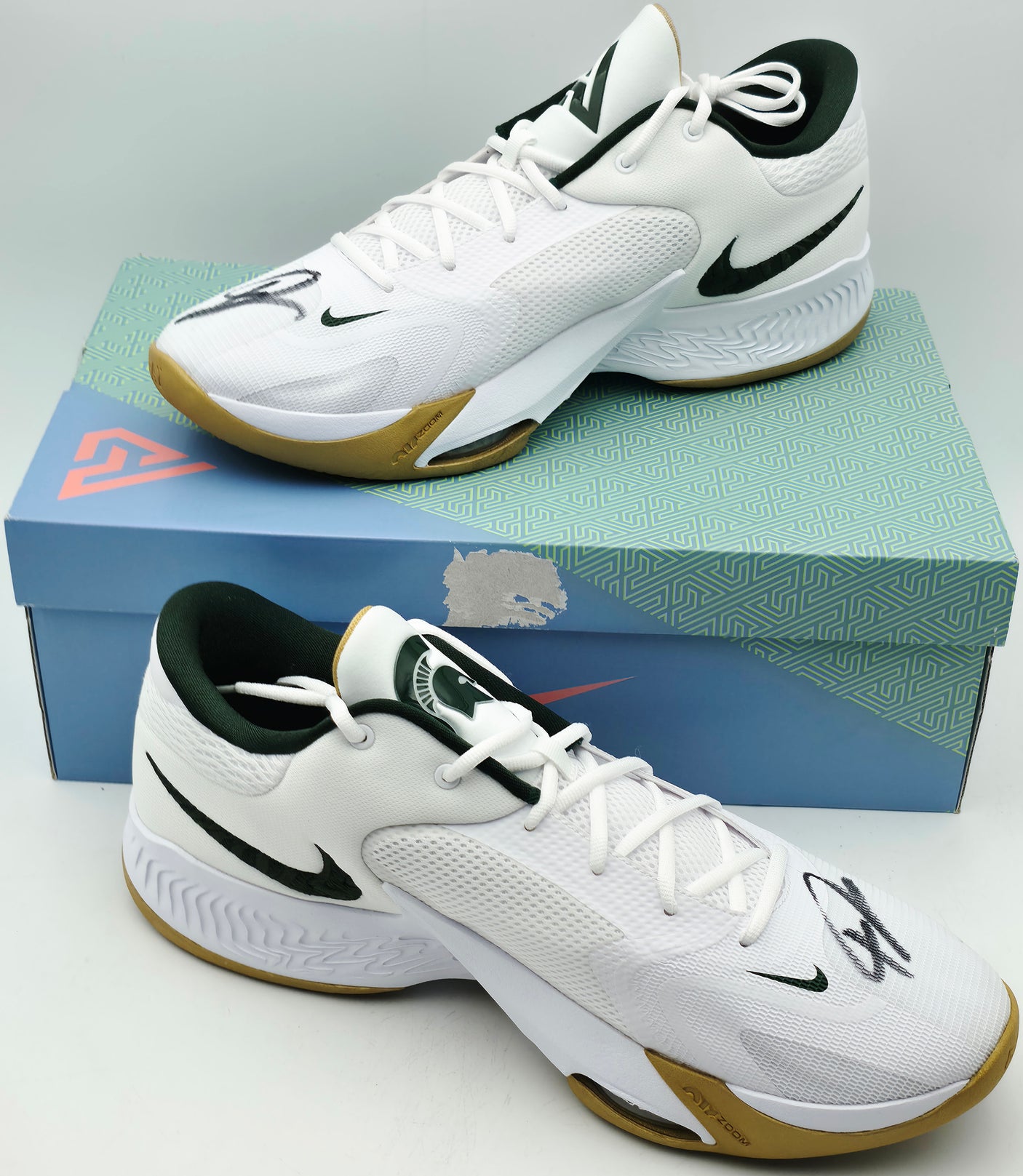 Giannis Antetokounmpo Autographed 2022 Player Exclusive (PE) Promo MICHIGAN STATE White & Pro Green Nike Zoom Freak 4 NCAA SOS Shoes Size 16 (With Box) Beckett BAS Witness #3W396969 & #3W396970