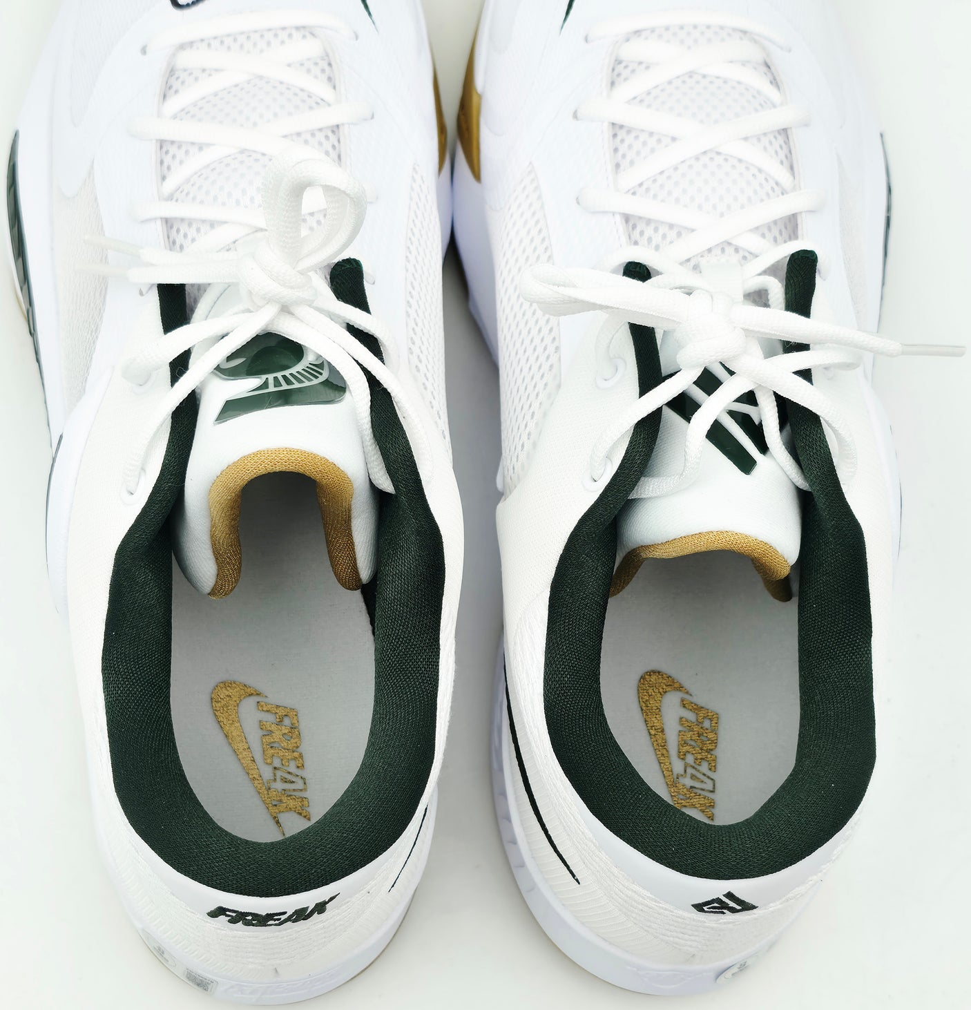 Giannis Antetokounmpo Autographed 2022 Player Exclusive (PE) Promo MICHIGAN STATE White & Pro Green Nike Zoom Freak 4 NCAA SOS Shoes Size 16 (With Box) Beckett BAS Witness #3W396969 & #3W396970
