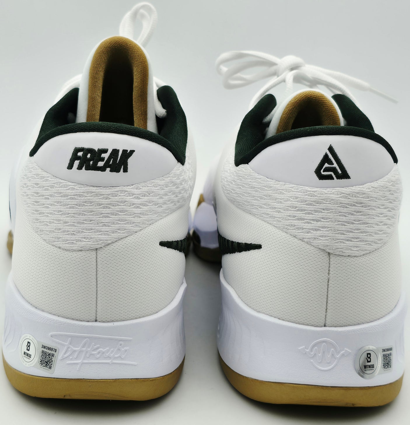 Giannis Antetokounmpo Autographed 2022 Player Exclusive (PE) Promo MICHIGAN STATE White & Pro Green Nike Zoom Freak 4 NCAA SOS Shoes Size 16 (With Box) Beckett BAS Witness #3W396969 & #3W396970