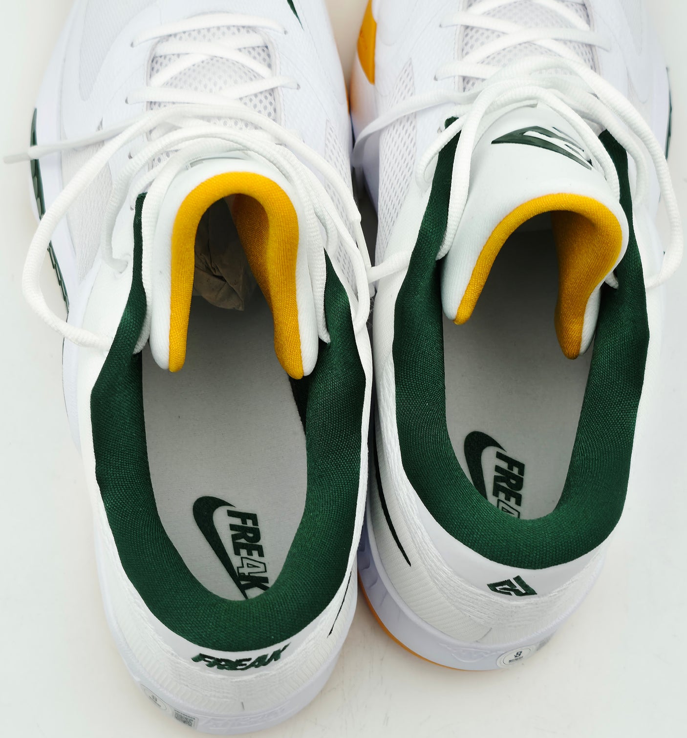 Giannis Antetokounmpo Autographed 2022 Player Exclusive (PE) Promo BAYLOR UNIVERSITY White & Gorge Nike Zoom Freak 4 NCAA SOS Shoes Size 16 (With Box) Beckett BAS Witness #3W396923 & #3W396924