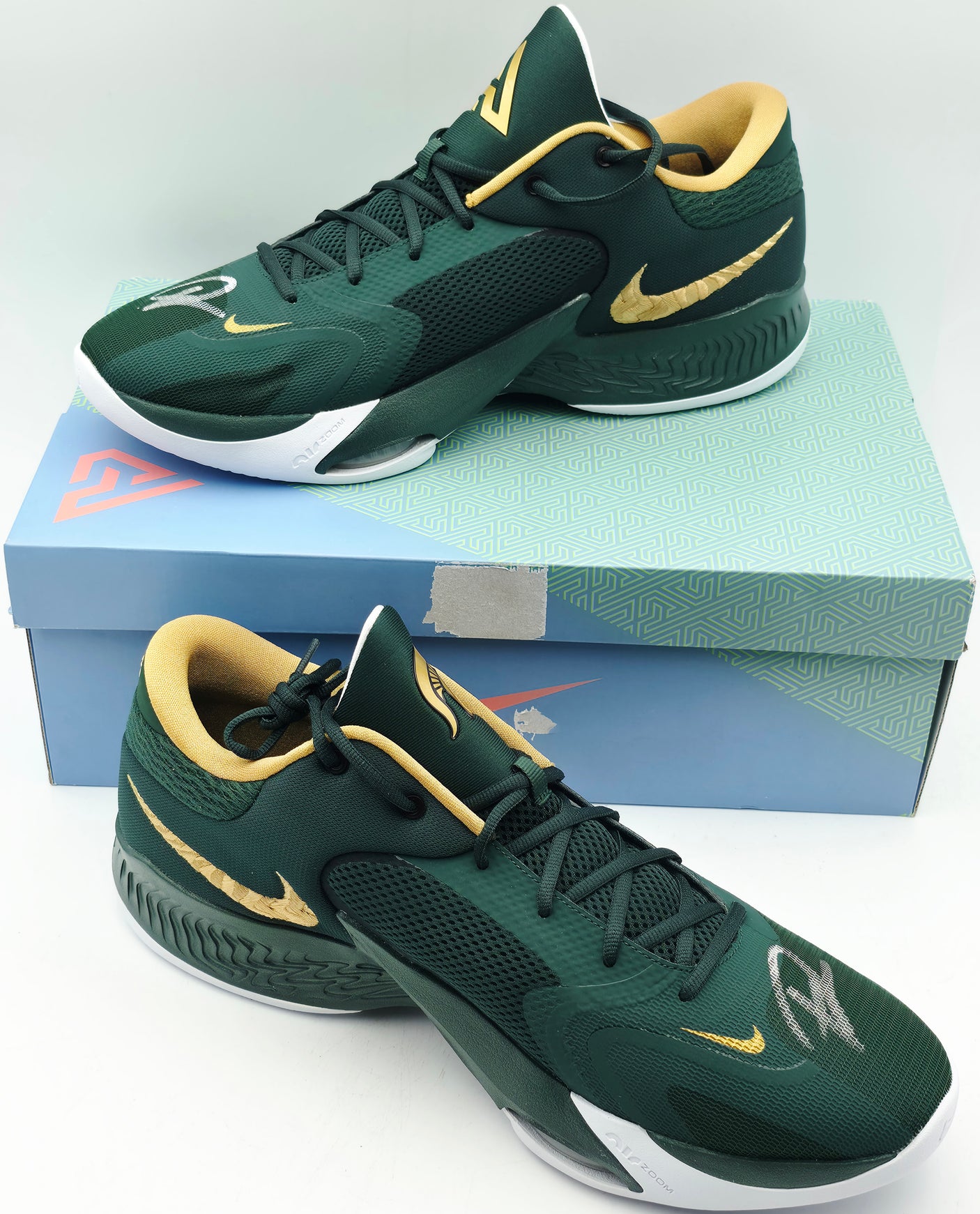 Giannis Antetokounmpo Autographed 2022 Player Exclusive (PE) Promo MICHIGAN STATE Pro Green & Metallic Nike Zoom Freak 4 NCAA SOS Shoes Size 16 (With Box) Beckett BAS Witness #3W396698 & #3W396699