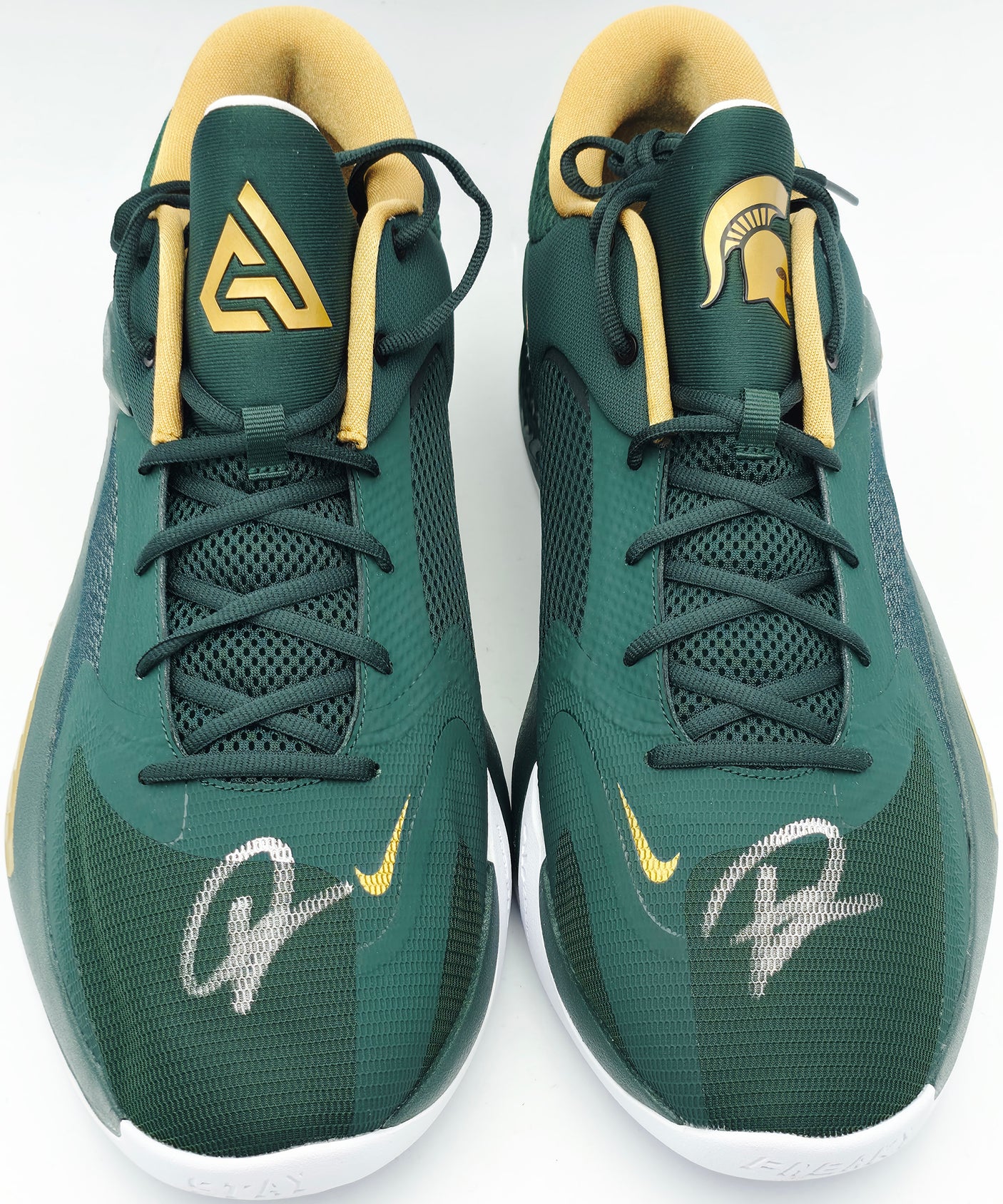 Giannis Antetokounmpo Autographed 2022 Player Exclusive (PE) Promo MICHIGAN STATE PRO GRN/METALLIC Nike Zoom Freak 4 NCAA SOS Shoes Size 16 (With Box) Beckett BAS Witness #3W396698 & #3W396699