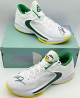 Giannis Antetokounmpo Autographed 2022 Player Exclusive (PE) Promo OREGON WHT/GRN/WHT Nike Zoom Freak 4 NCAA SOS Shoes Size 16 (With Box) Beckett BAS Witness #3W396811 & #3W396812