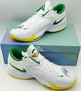 Giannis Antetokounmpo Autographed 2022 Player Exclusive (PE) Promo OREGON WHT/GRN/WHT Nike Zoom Freak 4 NCAA SOS Shoes Size 16 (With Box) Beckett BAS Witness #3W396811 & #3W396812