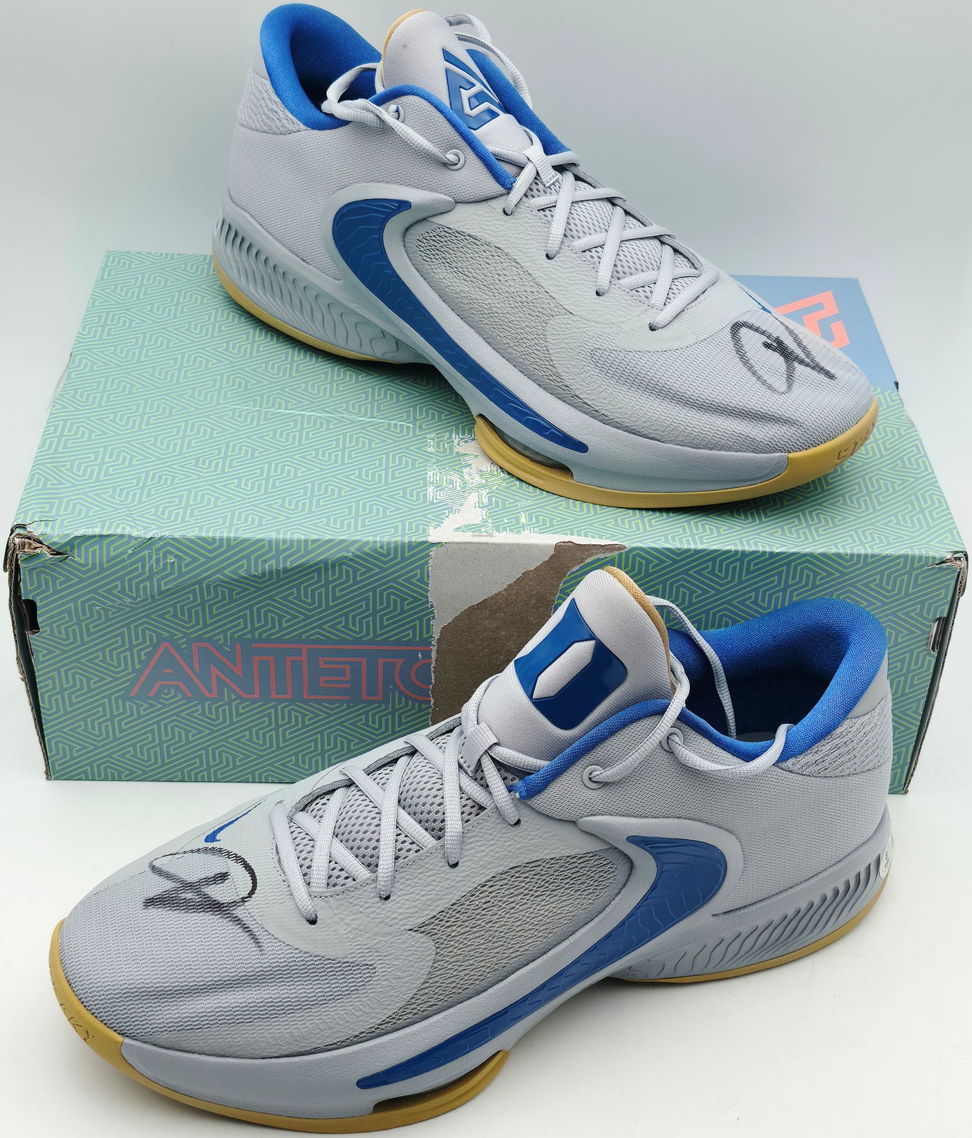 Giannis Antetokounmpo Autographed 2022 Player Exclusive (PE) Promo DUKE BLUE DEVILS WOLF Nike Zoom Freak 4 NCAA SOS Shoes Size 16 (With Box) Beckett BAS Witness #3W399782 & #3W399783