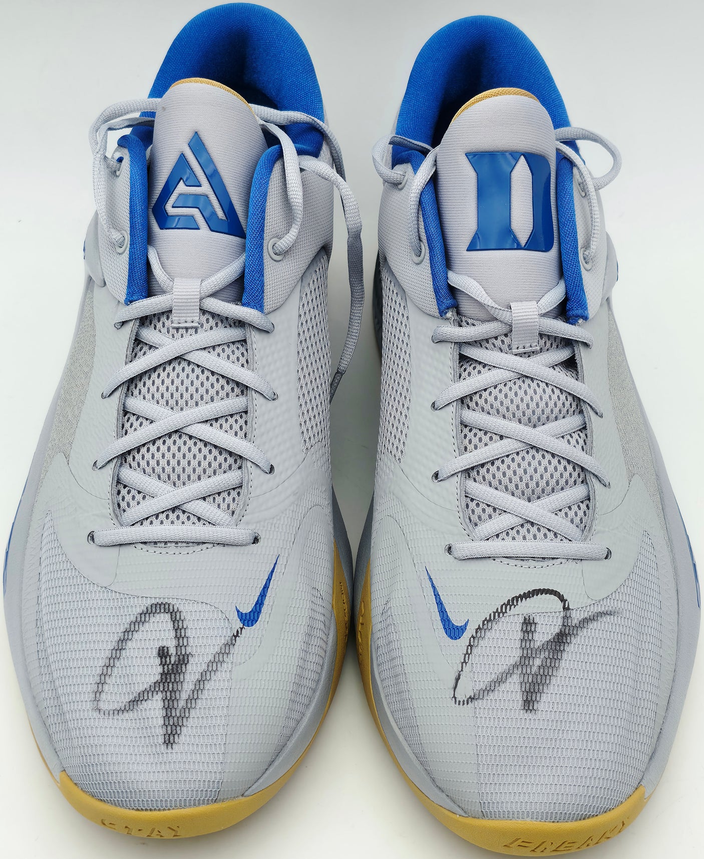 Giannis Antetokounmpo Autographed 2022 Player Exclusive (PE) Promo DUKE BLUE DEVILS WOLF Nike Zoom Freak 4 NCAA SOS Shoes Size 16 (With Box) Beckett BAS Witness #3W399782 & #3W399783
