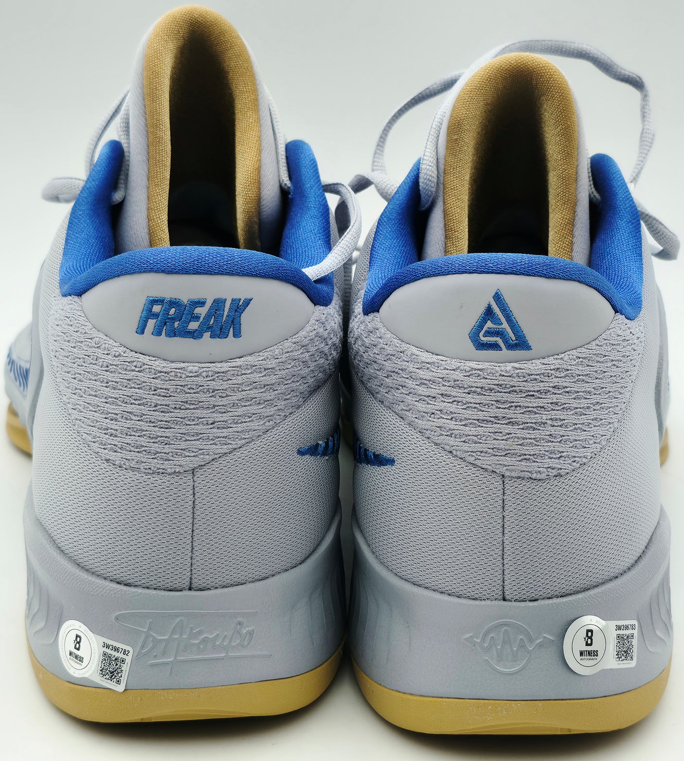 Giannis Antetokounmpo Autographed 2022 Player Exclusive (PE) Promo DUKE BLUE DEVILS WOLF Nike Zoom Freak 4 NCAA SOS Shoes Size 16 (With Box) Beckett BAS Witness #3W399782 & #3W399783