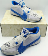 Giannis Antetokounmpo Autographed 2023 Player Exclusive (PE) Promo UNIVERSITY OF KENTUCKY NIGHT SILVER/GAME Nike Zoom Freak 5 NCAA 2 Shoes Size 16 (With Box) Beckett BAS Witness #3W396933 & #3W396934