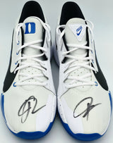 Giannis Antetokounmpo Autographed 2021 Player Exclusive (PE) Promo DUKE BLUE DEVILS WHITE/BLK-ROYAL Nike Zoom Freak 2 DUKE SOS Shoes Size 16 (No Box) Beckett BAS Witness #3W396953 & #3W396954