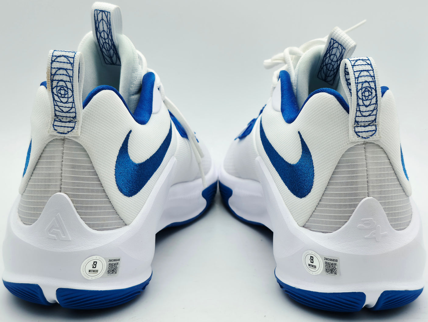 Giannis Antetokounmpo Autographed 2021 Player Exclusive (PE) Promo UNIVERSITY OF KENTUCKY WHT/ROYAL/WHT Nike Zoom Freak 3 NCAA SOS Shoes Size 16 (With Box) Beckett BAS Witness #3W396849 & #3W396850