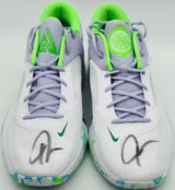 Giannis Antetokounmpo Autographed Green, White & Grey Nike ZOOM FREAK 4 Shoes Milwaukee Bucks Size 16 (With Box) Beckett BAS Witness #3W396746 & #3W396747