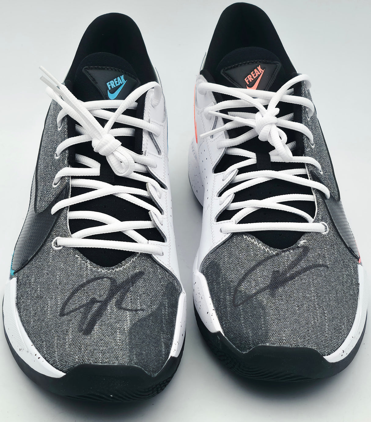 Giannis Antetokounmpo Autographed 2022 Player Exclusive (PE) Promo Duke Blue Devils White Nike Zoom Freak 4 NCAA Shoes Size 17 Beckett BAS Witness #3W397295 & #3W397296