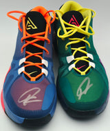Giannis Antetokounmpo Autographed MULTI TOTAL ORANGE/DYNAMIC YELLOW Nike Zoom Freak 1 Shoes Milwaukee Bucks Size 17 (With Box) Beckett BAS Witness #3W396696 & #3W396697
