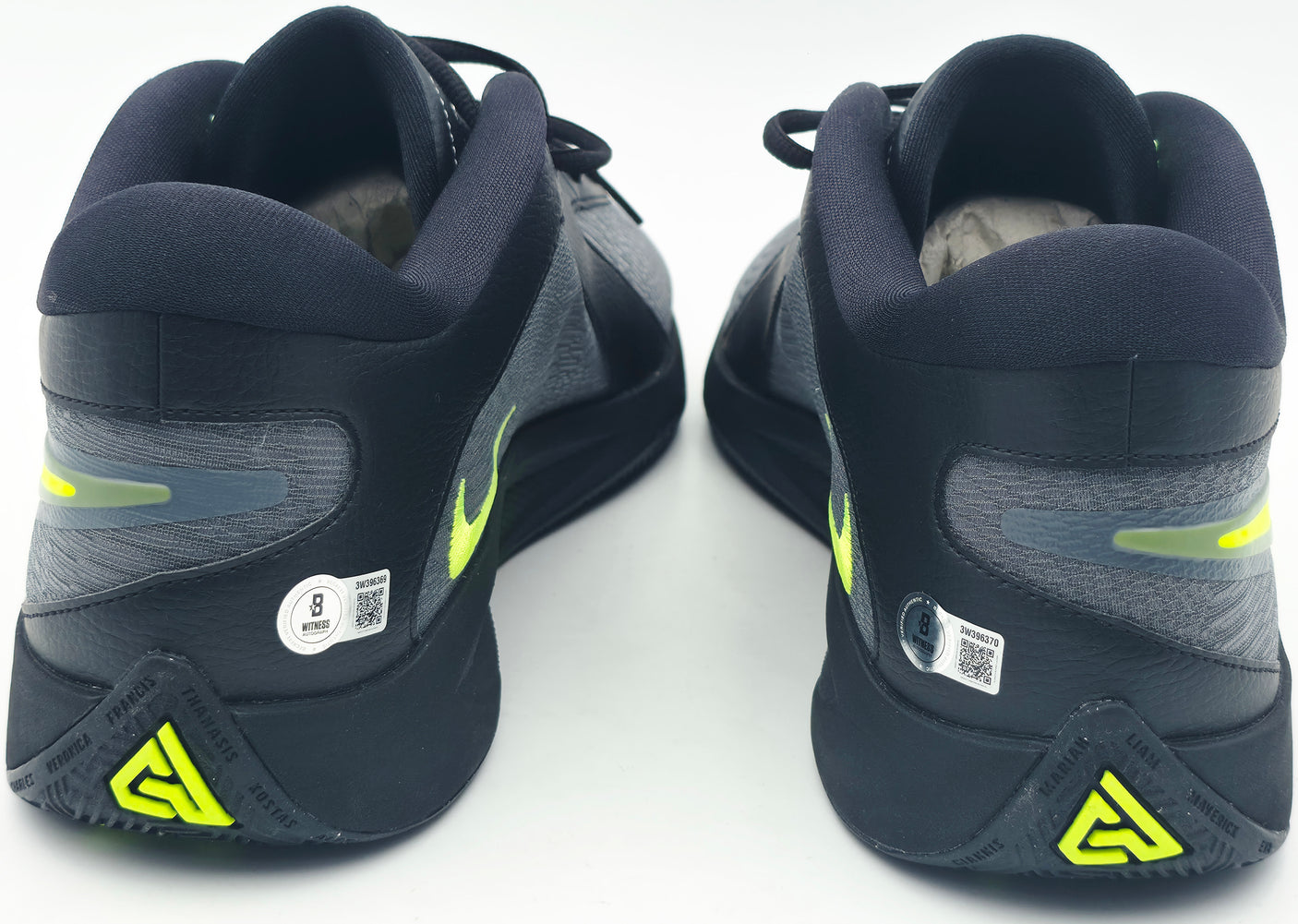 Giannis Antetokounmpo Autographed Black, Cool Grey & Stadium Green Nike Zoom Freak 6 Shoes Milwaukee Bucks Size 17 (With Box) Beckett BAS Witness #3W396369 & #3W396370