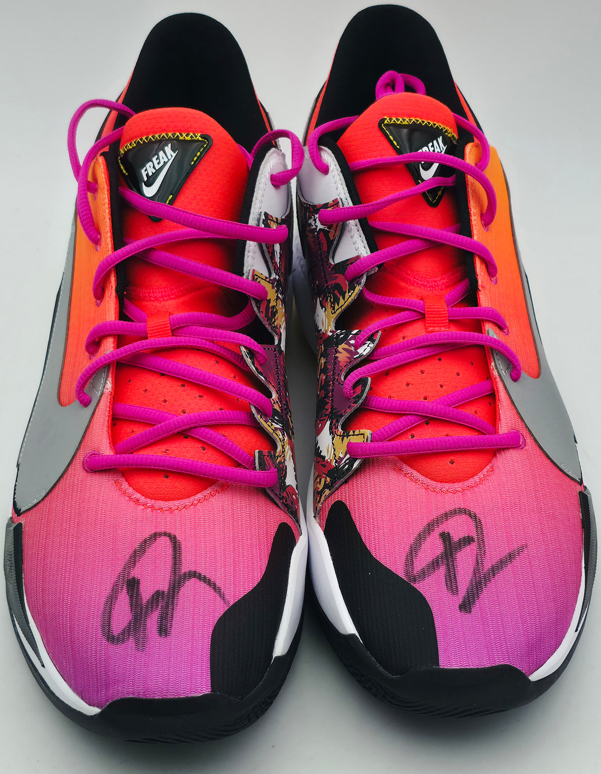 Giannis Antetokounmpo Autographed 2024 Player Exclusive (PE) Promo Crimson Nike Zoom Freak 6 SOS Shoes Bucks Size 17 (No Box) Beckett BAS Witness #3W396865 & #3W396866