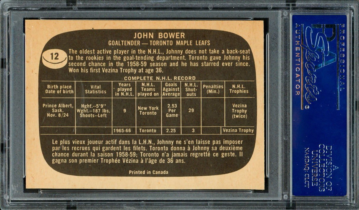 Johnny Bower Autographed 1966 Topps Card #12 Toronto Maple Leafs PSA/DNA #83462276
