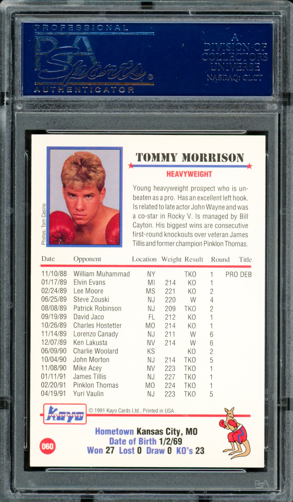 Tommy Morrison Autographed 1991 Kayo Rookie Card #60 PSA/DNA #83314201