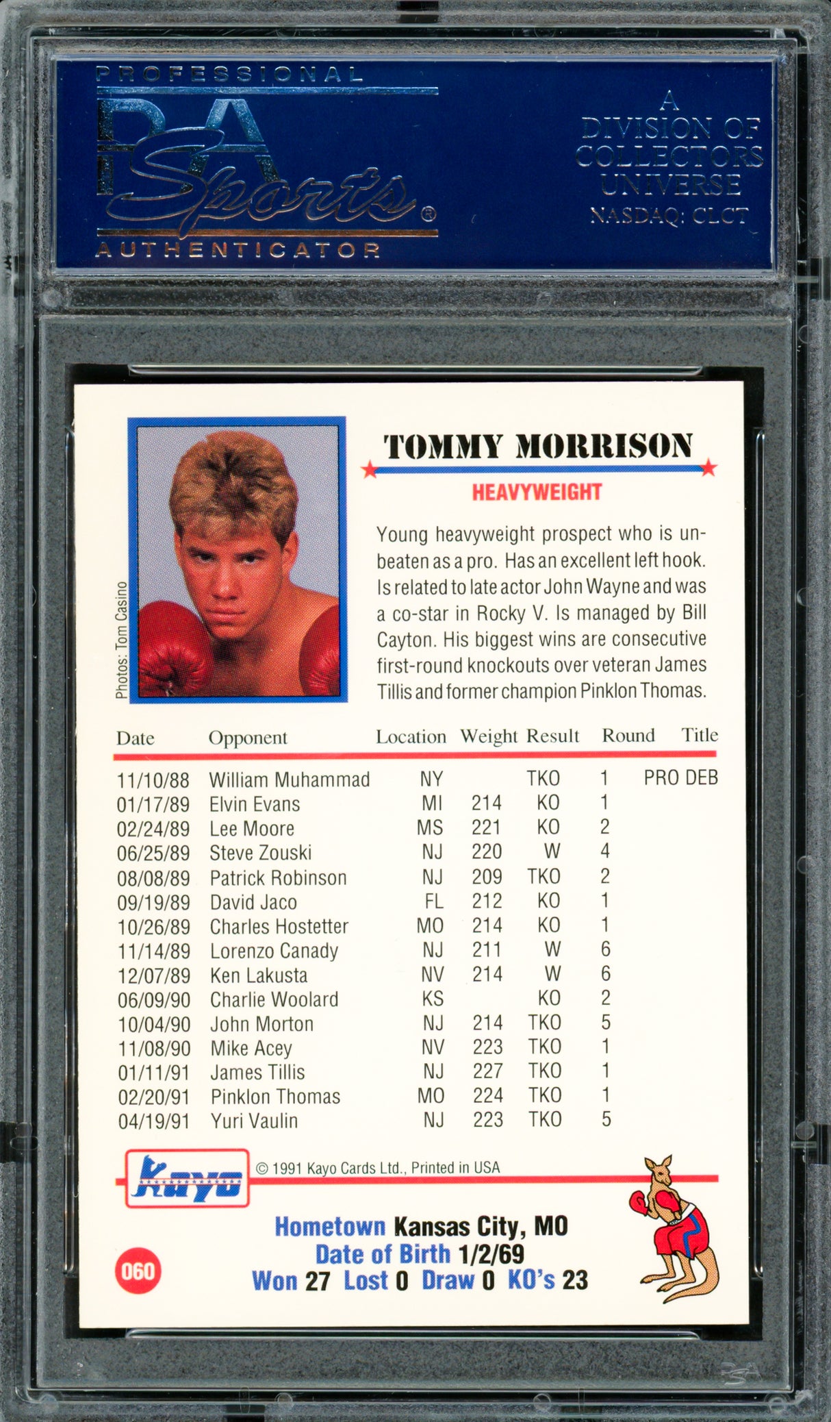 Tommy Morrison Autographed 1991 Kayo Rookie Card #60 PSA/DNA #83314202