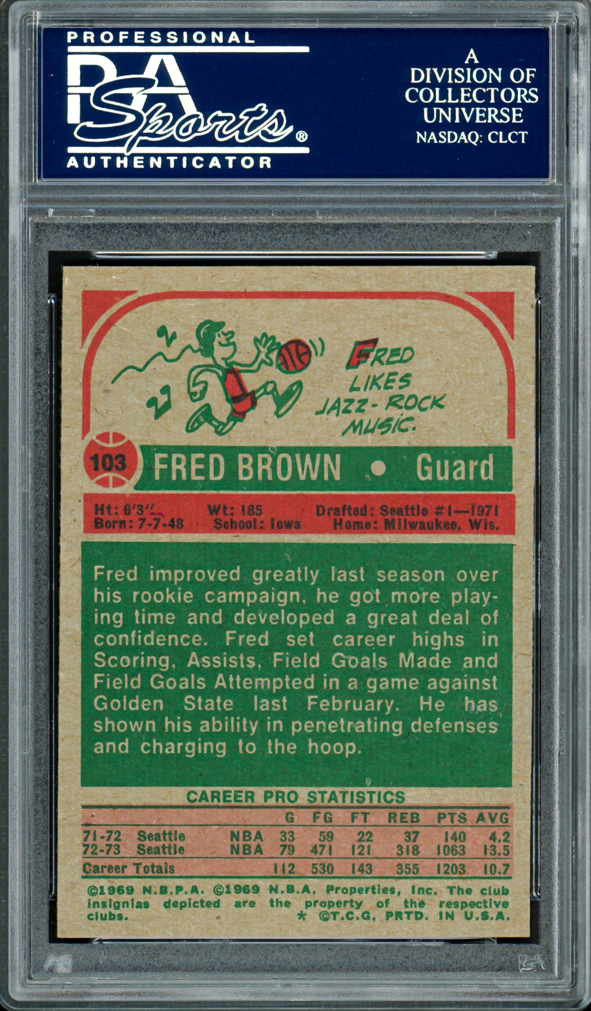 Downtown Fred Brown Autographed 1973-74 Topps Rookie Card #103 Seattle Supersonics PSA/DNA #83920774