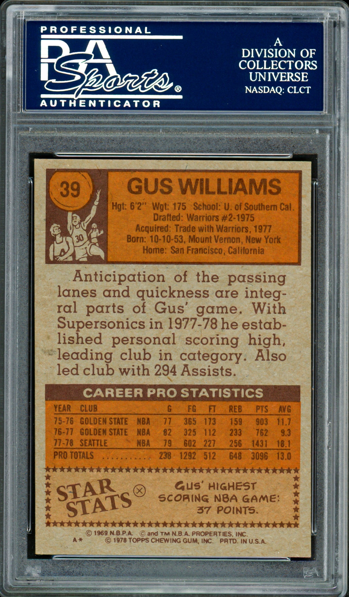 Gus Williams Autographed 1978-79 Topps Card #39 Seattle Supersonics PSA/DNA #83921003