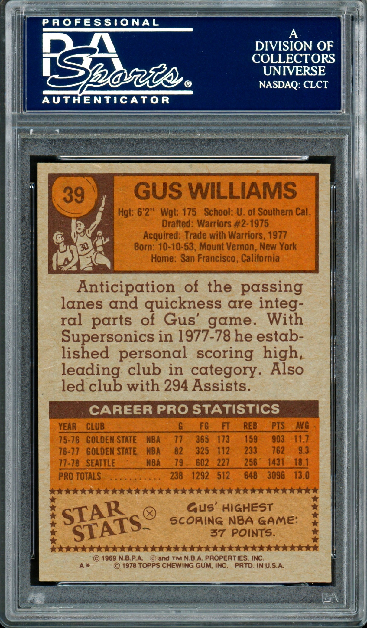 Gus Williams Autographed 1978-79 Topps Card #39 Seattle Supersonics PSA/DNA #83921005