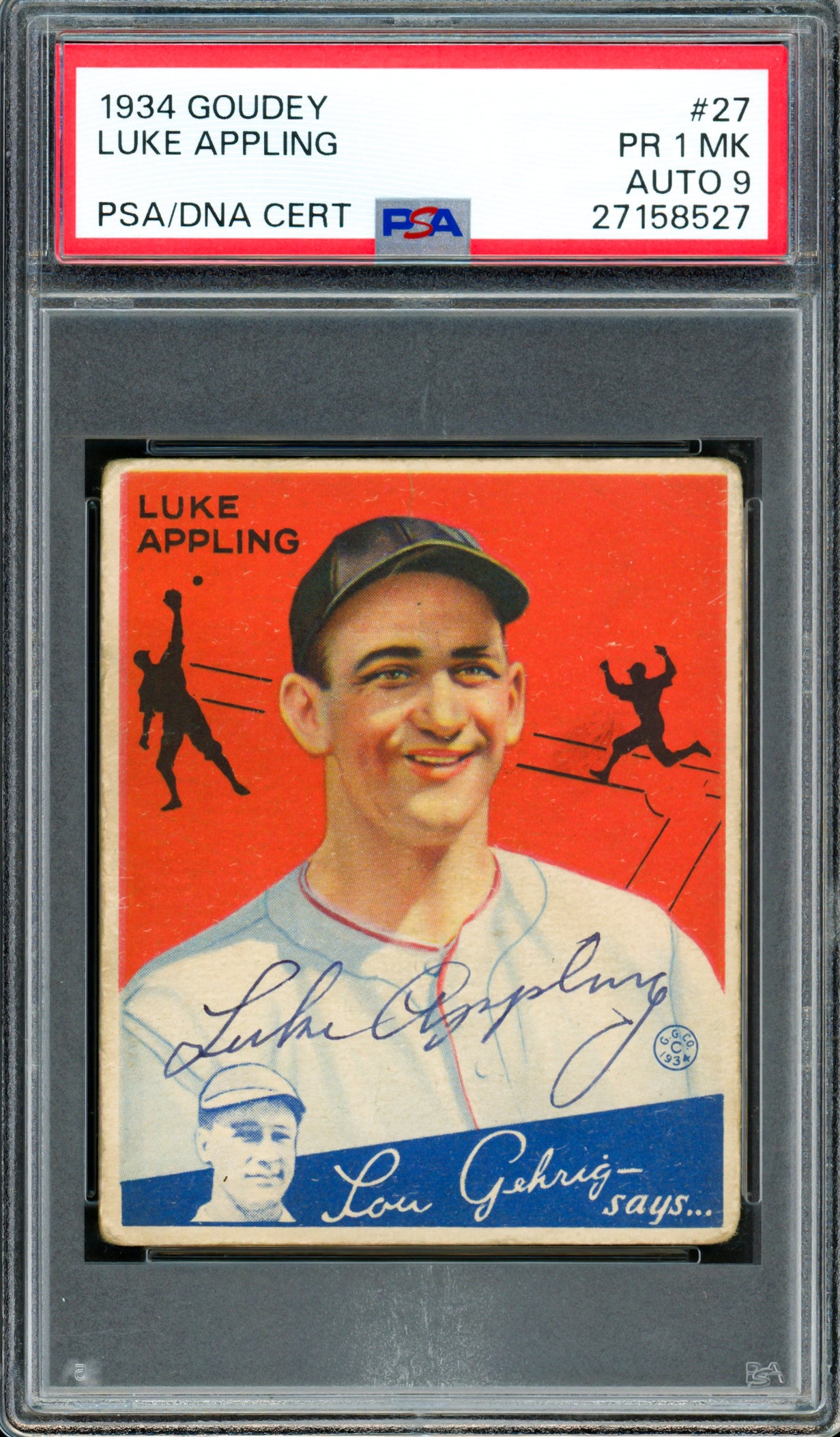 Luke Appling Autographed 1934 Goudey Rookie Card #27 Chicago White Sox PSA 1 Auto Grade Mint 9 PSA/DNA #27158527