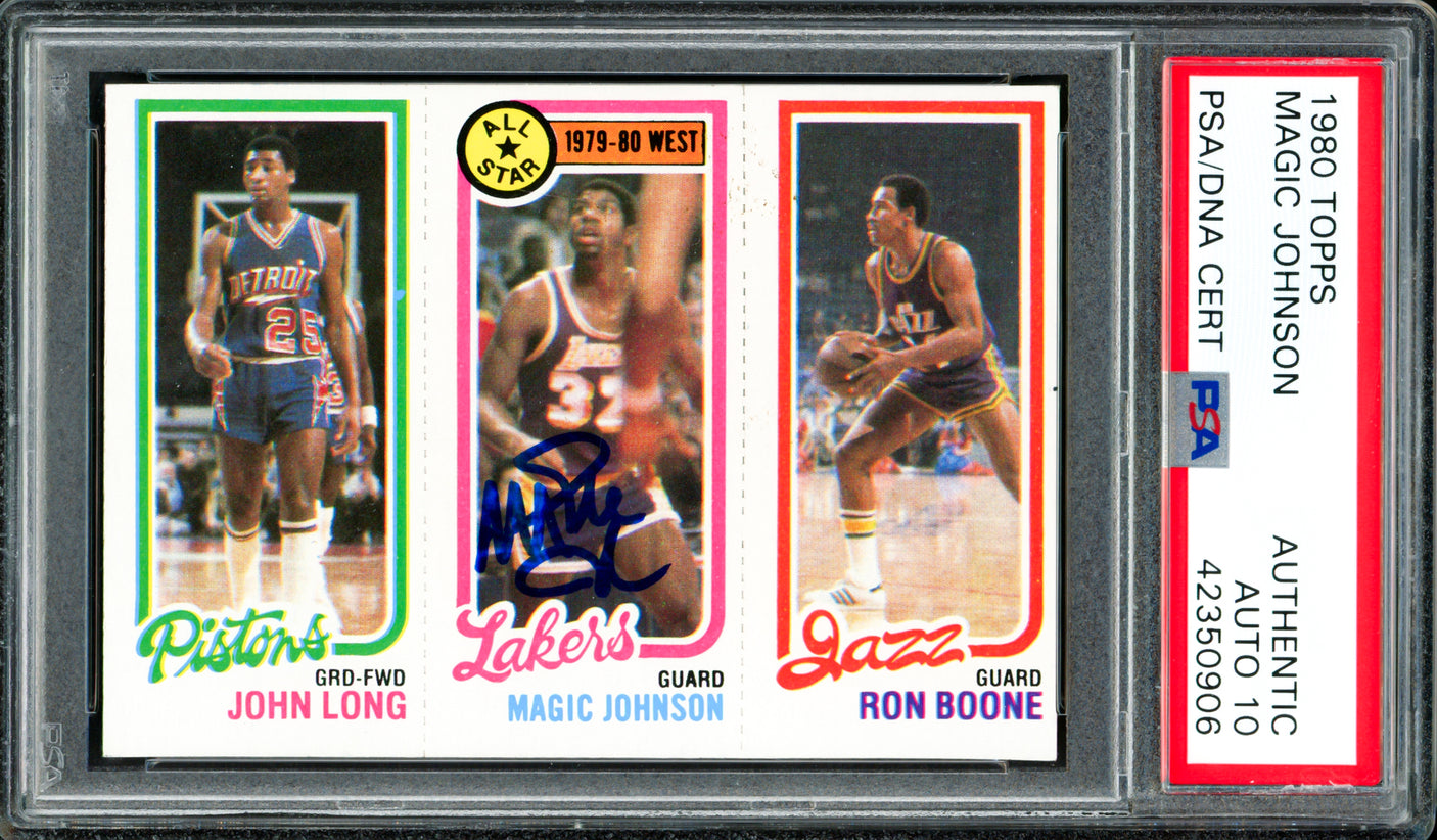 Magic Johnson Autographed 1980-81 Topps Rookie Card #18 Los Angeles Lakers Auto Grade Gem Mint 10 PSA/DNA #42350906