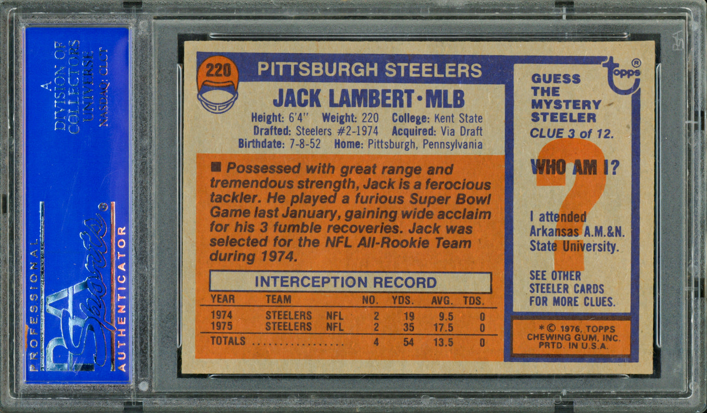 Jack Lambert 1976 Topps Card #220 Pittsburgh Steelers PSA 8 #40181871
