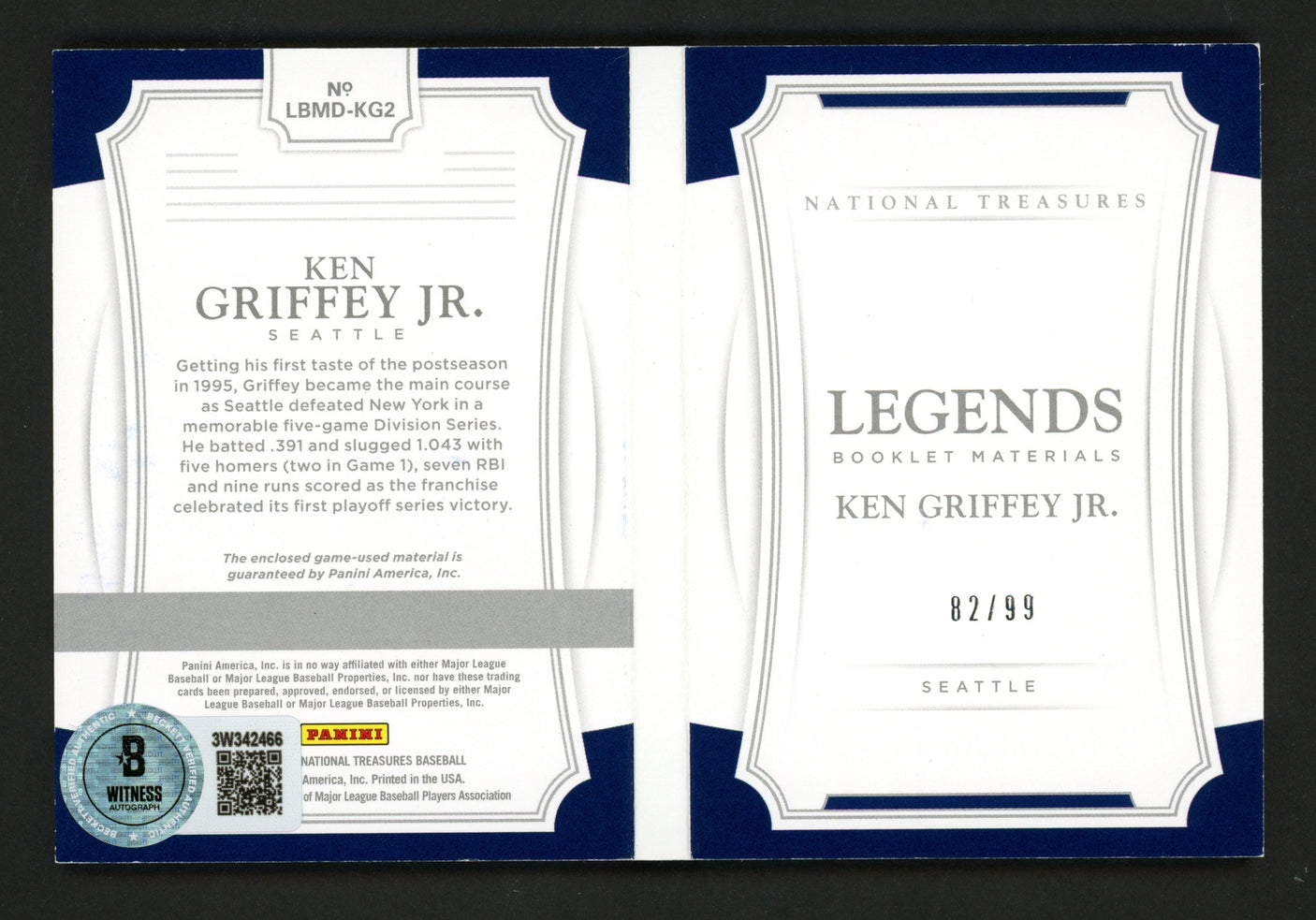 Ken Griffey Jr. Autographed 2017 Panini National Treasures Booklet Card #LBMD-KG2 Game Used Jersey Bat Relic Seattle Mariners #82/99 Beckett BAS Witness #3W342466